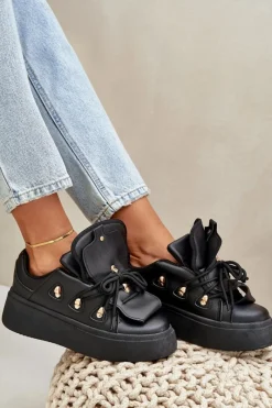 Sneakersy Damskie></noscript>Boto Sneakersy Damskie Na Platformie Czarne Dolistana Czarny