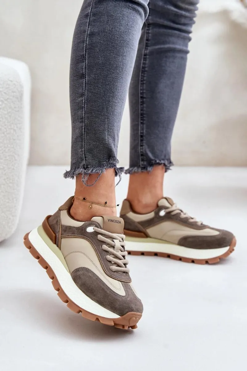 New Buty damskie Vinceza Sneakersy Damskie Na Platformie Ze Skóry Naturalnej Vinceza 41465 Beżowe