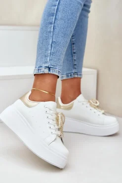 Buty Sportowe Na Platformie|Sneakersy Damskie>Boto Sneakersy Damskie Na Platformie Z Ozdobami Biało-Złote Lerissna Biały