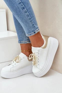 Buty Sportowe Na Platformie|Sneakersy Damskie>Boto Sneakersy Damskie Na Platformie Z Ozdobami Biało-Złote Lerissna Biały