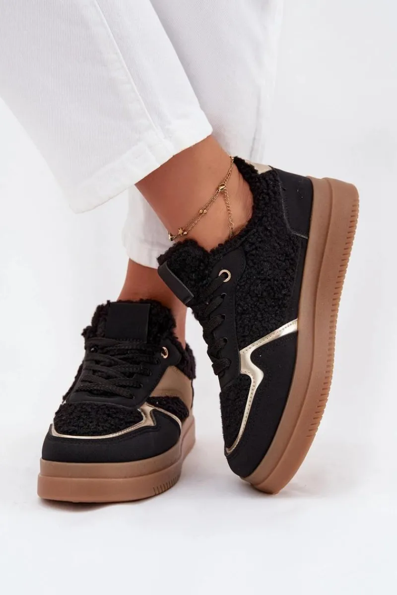 Best Boto Sneakersy Damskie Na Platformie Z Futerkiem Typu Baranek Czarne Frelina