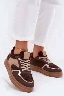 Discount Sneakersy Damskie Na Platformie Z Futerkiem Typu Baranek Brązowe Frelina Damskie Buty Sportowe Na Platformie|Sneakersy Damskie