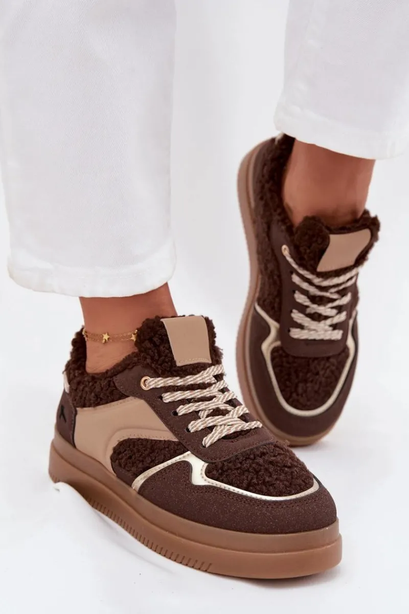 Discount Sneakersy Damskie Na Platformie Z Futerkiem Typu Baranek Brązowe Frelina Damskie Buty Sportowe Na Platformie|Sneakersy Damskie