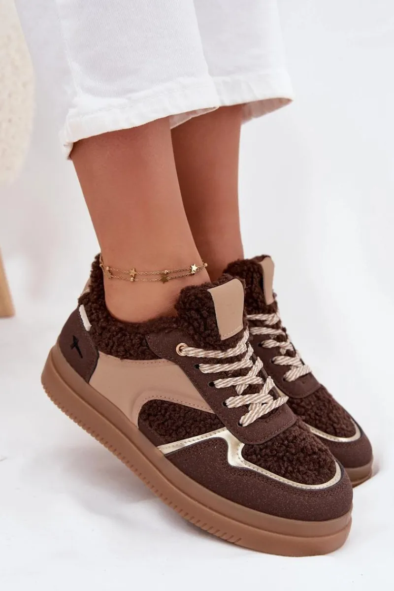 Discount Sneakersy Damskie Na Platformie Z Futerkiem Typu Baranek Brązowe Frelina Damskie Buty Sportowe Na Platformie|Sneakersy Damskie