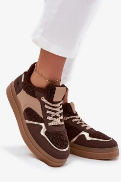 Discount Sneakersy Damskie Na Platformie Z Futerkiem Typu Baranek Brązowe Frelina Damskie Buty Sportowe Na Platformie|Sneakersy Damskie