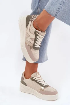 Sneakersy Damskie>Boto Sneakersy Damskie Na Platformie Panterka Beżowe Kelsia