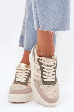Sneakersy Damskie></noscript>Boto Sneakersy Damskie Na Platformie Panterka Beżowe Kelsia
