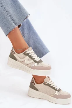 Sneakersy Damskie></noscript>Boto Sneakersy Damskie Na Platformie Panterka Beżowe Kelsia