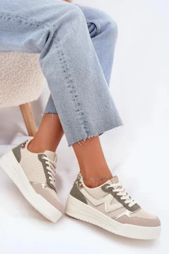 Sneakersy Damskie></noscript>Boto Sneakersy Damskie Na Platformie Panterka Beżowe Kelsia