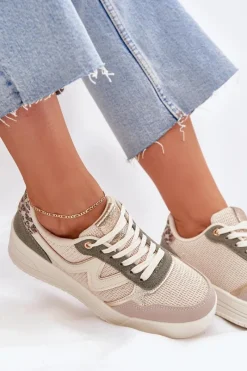 Sneakersy Damskie></noscript>Boto Sneakersy Damskie Na Platformie Panterka Beżowe Kelsia