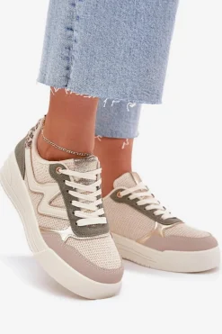Sneakersy Damskie></noscript>Boto Sneakersy Damskie Na Platformie Panterka Beżowe Kelsia