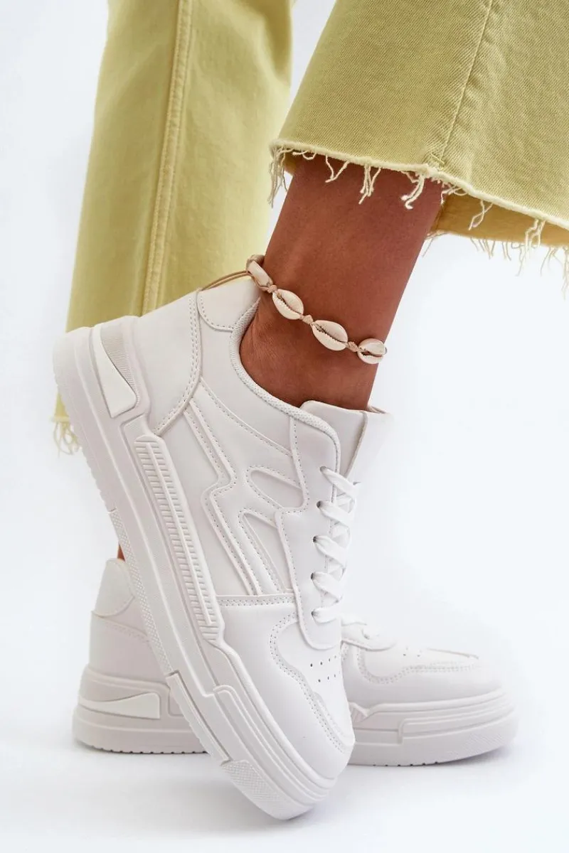 Sale Sneakersy Damskie Na Platformie Z Eko Skóry Białe Lynnette Damskie Buty Sportowe Na Platformie|Sneakersy Damskie