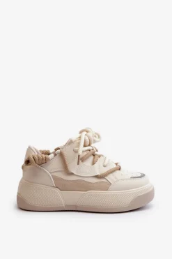 Sale Sneakersy Damskie Na Platformie Beżowe Moariella Damskie Sneakersy Damskie