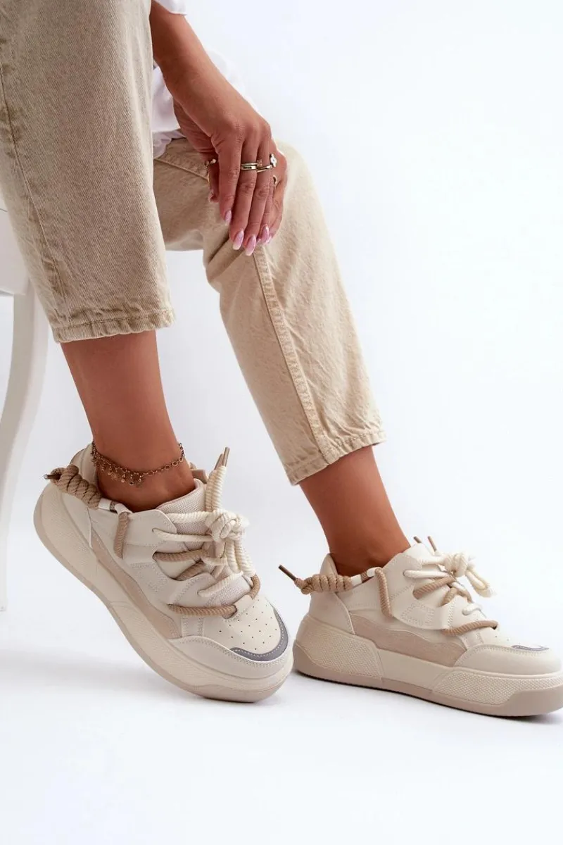 Sale Sneakersy Damskie Na Platformie Beżowe Moariella Damskie Sneakersy Damskie