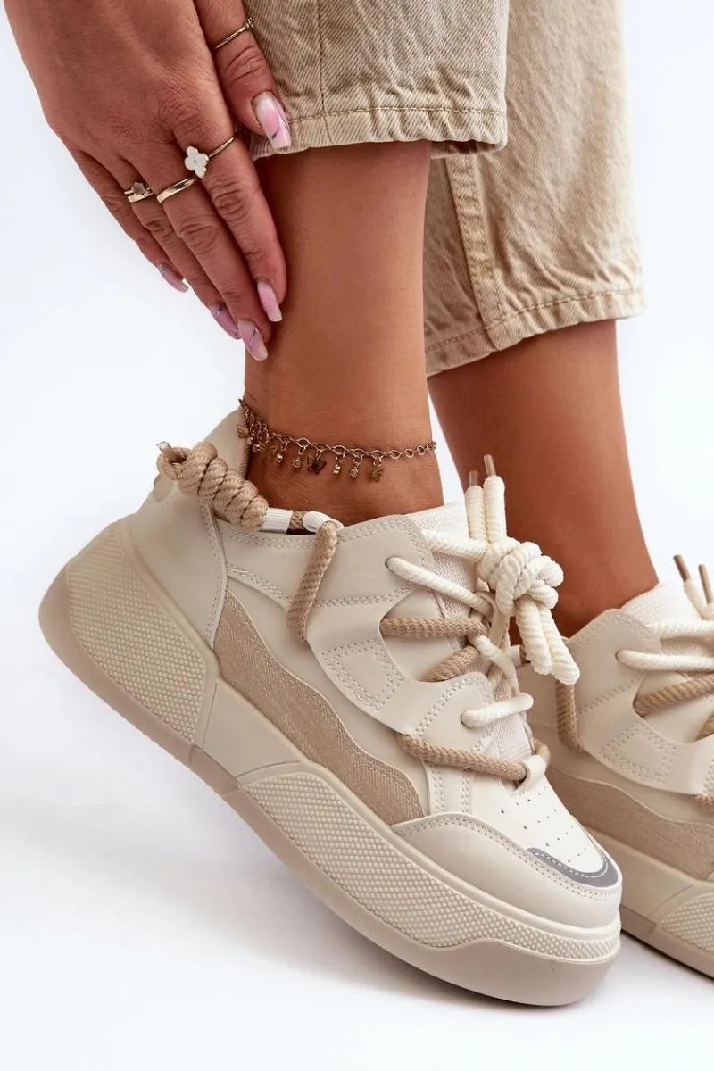 Sale Sneakersy Damskie Na Platformie Beżowe Moariella Damskie Sneakersy Damskie