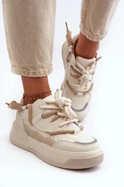 Sale Sneakersy Damskie Na Platformie Beżowe Moariella Damskie Sneakersy Damskie