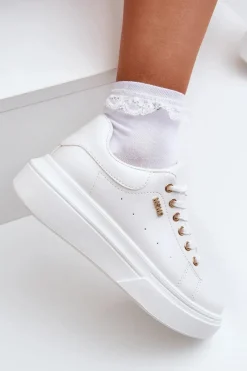 Hot Sneakersy Damskie Na Platformie Eko Skóra Białe Lelandine Damskie Buty Sportowe Na Platformie|Sneakersy Damskie