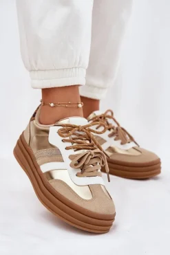 Hot Sneakersy Damskie Na Platformie Z Podwójnym Sznurowaniem Panterka Złote Niteria Damskie Sneakersy Damskie