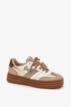 Hot Sneakersy Damskie Na Platformie Z Podwójnym Sznurowaniem Panterka Złote Niteria Damskie Sneakersy Damskie
