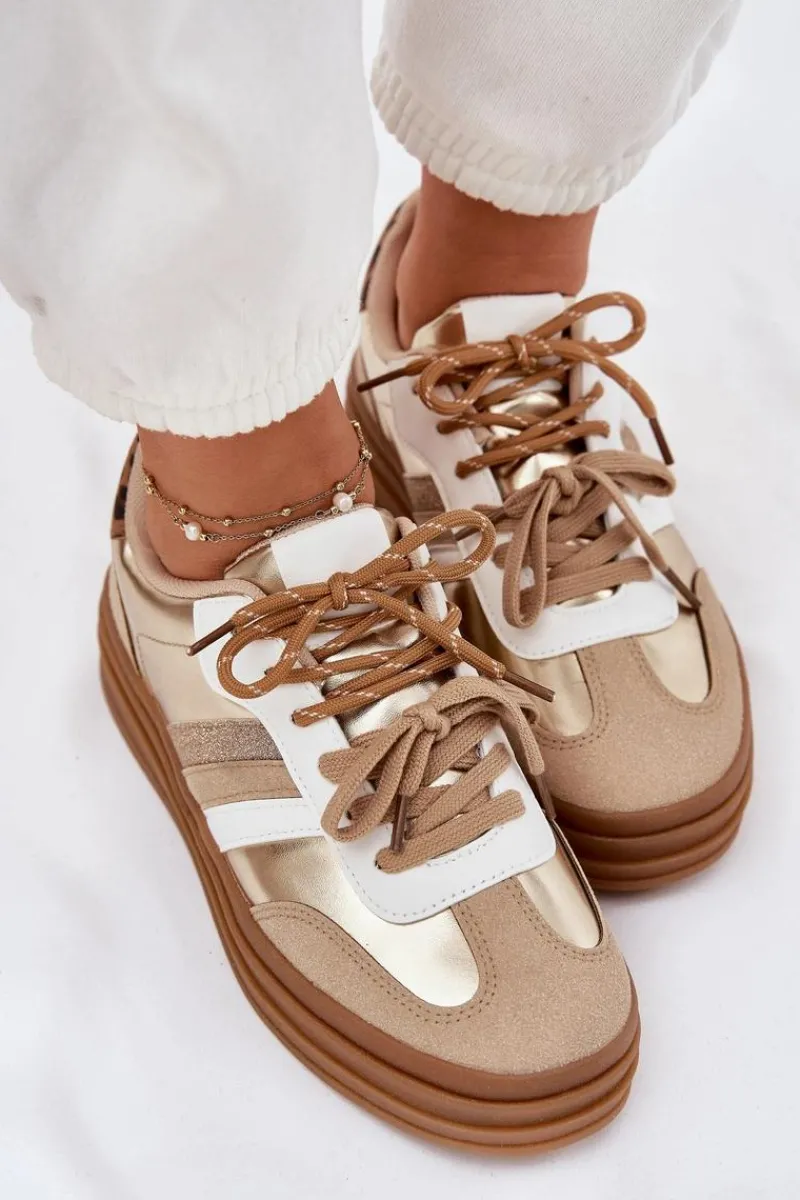 Hot Sneakersy Damskie Na Platformie Z Podwójnym Sznurowaniem Panterka Złote Niteria Damskie Sneakersy Damskie