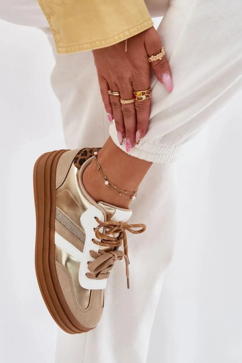 Hot Sneakersy Damskie Na Platformie Z Podwójnym Sznurowaniem Panterka Złote Niteria Damskie Sneakersy Damskie
