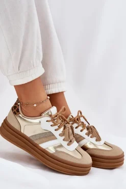 Hot Sneakersy Damskie Na Platformie Z Podwójnym Sznurowaniem Panterka Złote Niteria Damskie Sneakersy Damskie