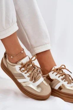 Hot Sneakersy Damskie Na Platformie Z Podwójnym Sznurowaniem Panterka Złote Niteria Damskie Sneakersy Damskie