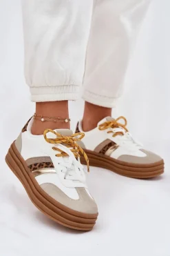 Sneakersy Damskie>Boto Sneakersy Damskie Na Platformie Z Podwójnym Sznurowaniem Panterka Białe Niteria Biały