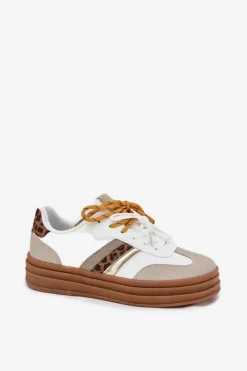 Sneakersy Damskie></noscript>Boto Sneakersy Damskie Na Platformie Z Podwójnym Sznurowaniem Panterka Białe Niteria Biały