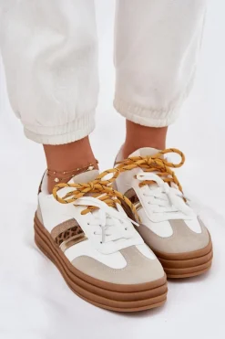 Sneakersy Damskie></noscript>Boto Sneakersy Damskie Na Platformie Z Podwójnym Sznurowaniem Panterka Białe Niteria Biały