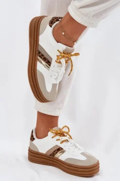 Sneakersy Damskie></noscript>Boto Sneakersy Damskie Na Platformie Z Podwójnym Sznurowaniem Panterka Białe Niteria Biały
