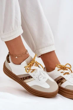 Sneakersy Damskie></noscript>Boto Sneakersy Damskie Na Platformie Z Podwójnym Sznurowaniem Panterka Białe Niteria Biały