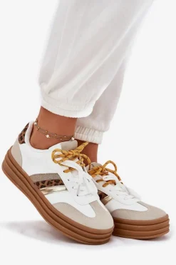 Sneakersy Damskie></noscript>Boto Sneakersy Damskie Na Platformie Z Podwójnym Sznurowaniem Panterka Białe Niteria Biały