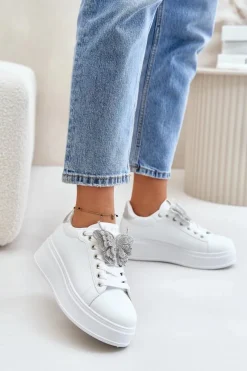 Buty Sportowe Na Platformie|Sneakersy Damskie>Boto Sneakersy Damskie Na Platformie Z Motylem Biało-Srebrne Naritevia