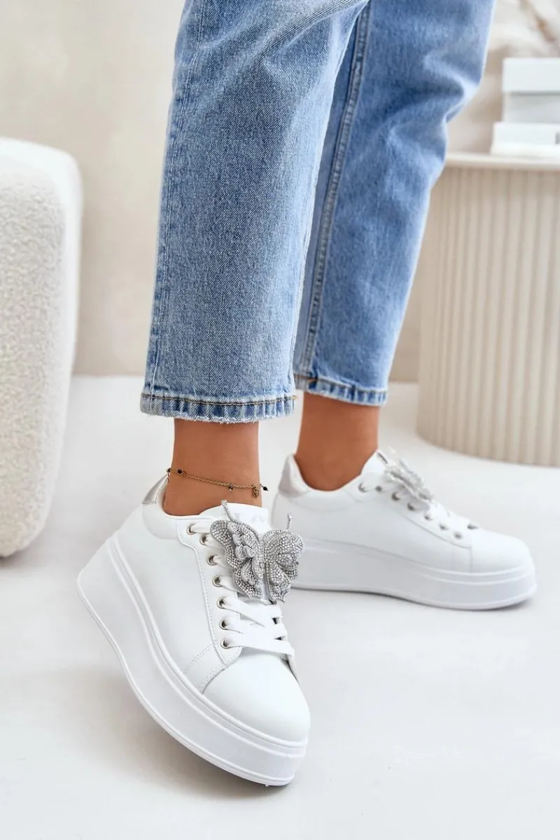 Buty Sportowe Na Platformie|Sneakersy Damskie>Boto Sneakersy Damskie Na Platformie Z Motylem Biało-Srebrne Naritevia