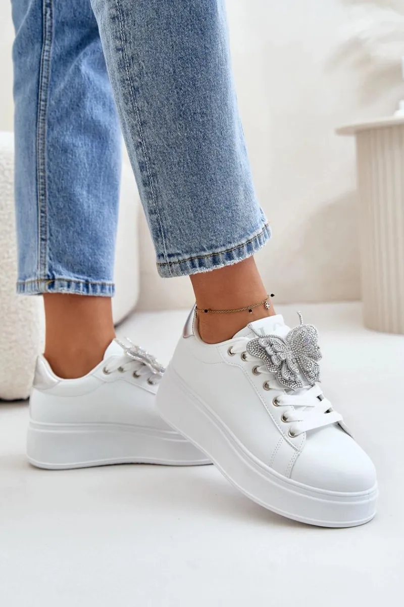 Buty Sportowe Na Platformie|Sneakersy Damskie>Boto Sneakersy Damskie Na Platformie Z Motylem Biało-Srebrne Naritevia