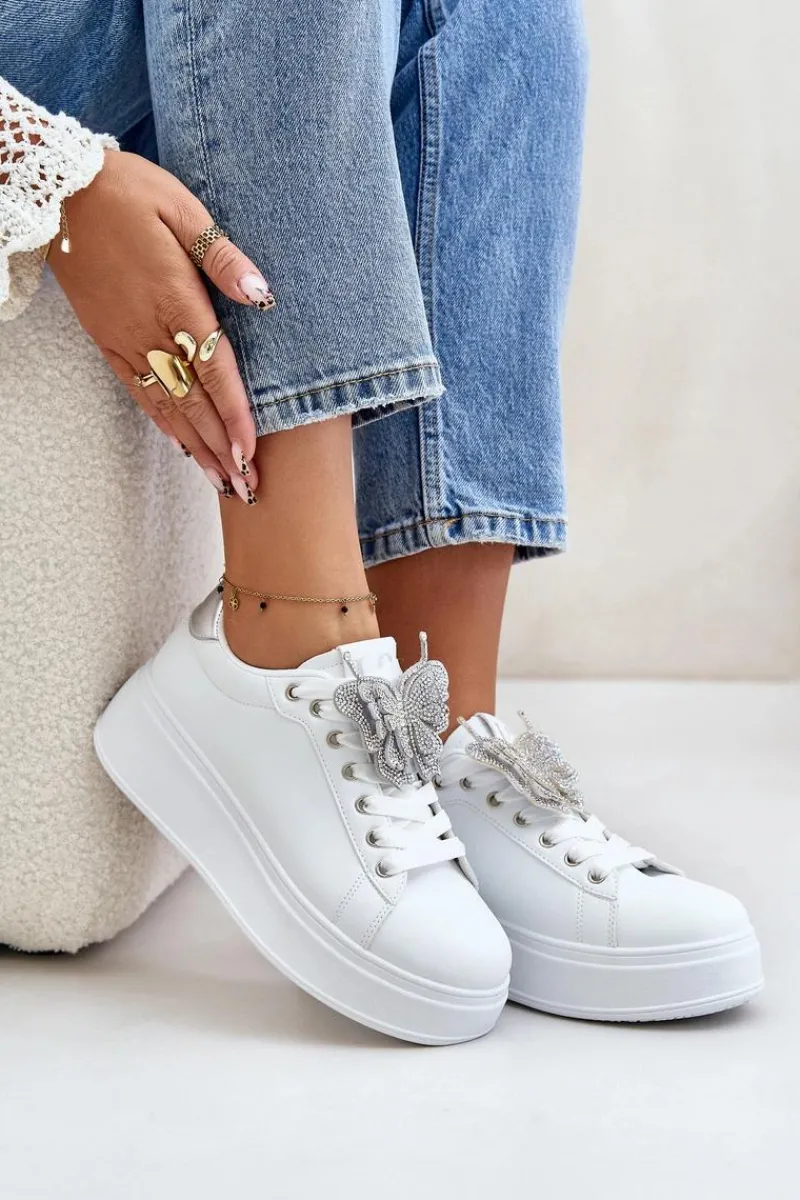 Buty Sportowe Na Platformie|Sneakersy Damskie>Boto Sneakersy Damskie Na Platformie Z Motylem Biało-Srebrne Naritevia