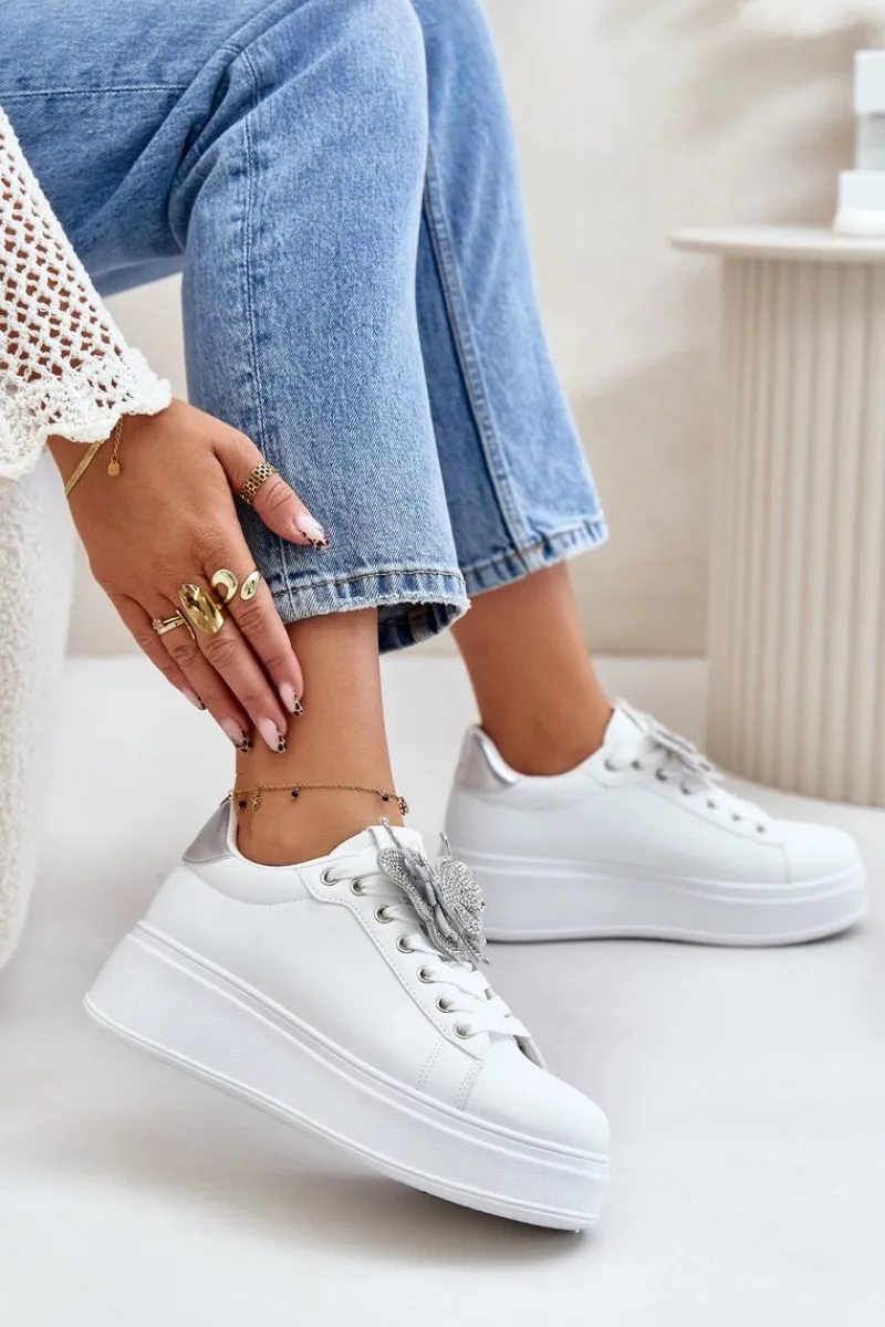 Buty Sportowe Na Platformie|Sneakersy Damskie>Boto Sneakersy Damskie Na Platformie Z Motylem Biało-Srebrne Naritevia