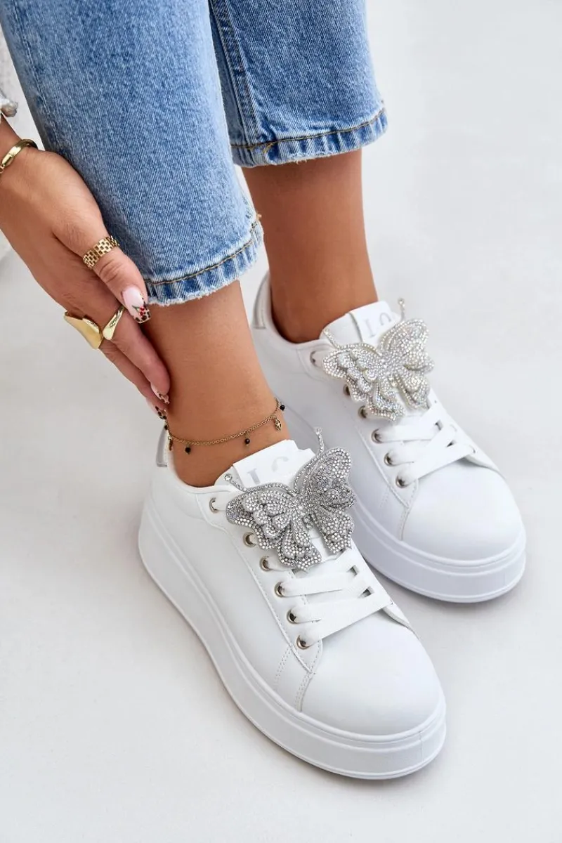Buty Sportowe Na Platformie|Sneakersy Damskie>Boto Sneakersy Damskie Na Platformie Z Motylem Biało-Srebrne Naritevia