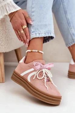 New Boto Sneakersy Damskie Na Platformie Z Ozdobami Różowe Vinness Różowy