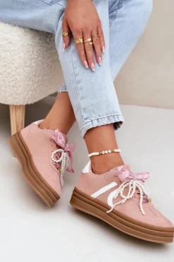 New Boto Sneakersy Damskie Na Platformie Z Ozdobami Różowe Vinness Różowy