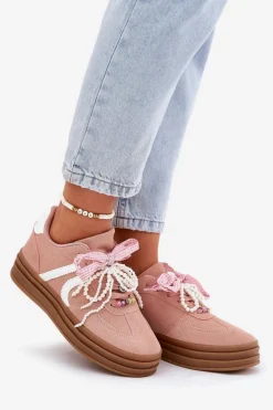 New Boto Sneakersy Damskie Na Platformie Z Ozdobami Różowe Vinness Różowy
