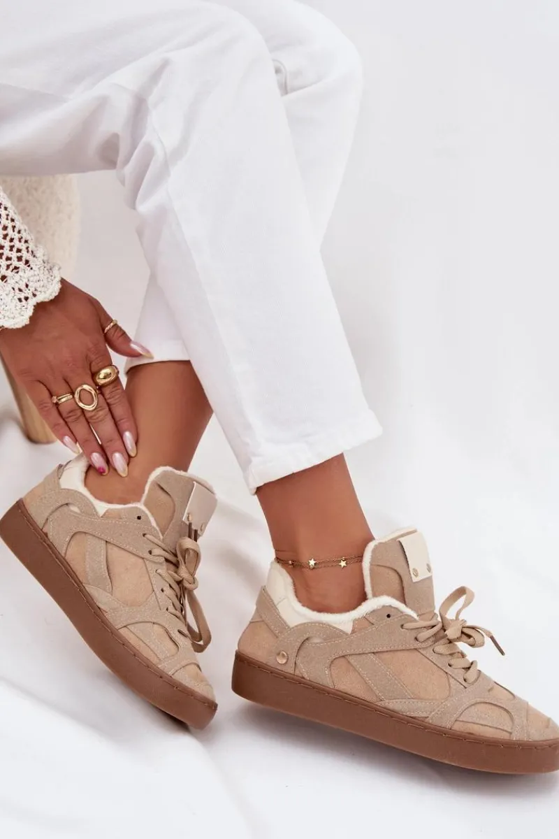 Online Sneakersy Damskie Na Platformie Ocieplane Futerkiem Beżowe Solvia Damskie Sneakersy Damskie