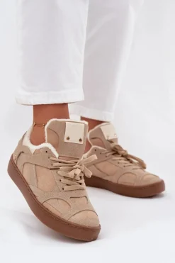 Online Sneakersy Damskie Na Platformie Ocieplane Futerkiem Beżowe Solvia Damskie Sneakersy Damskie