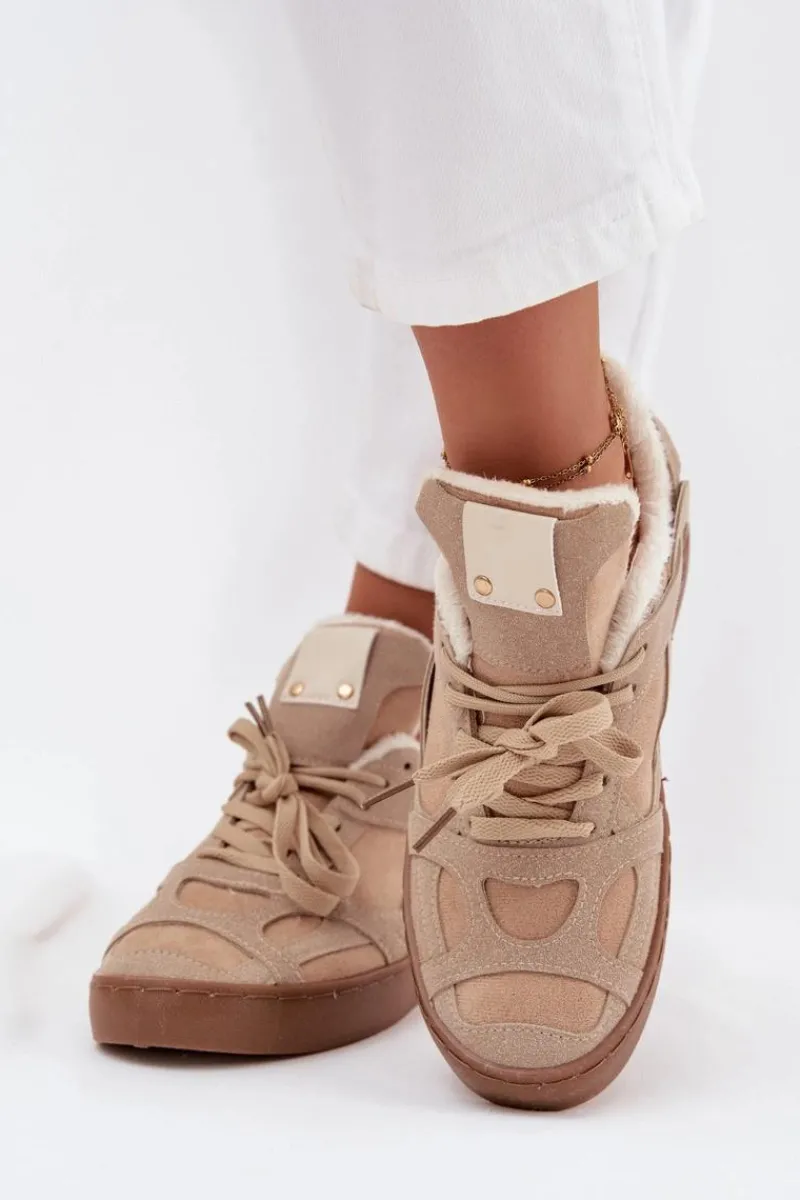 Online Sneakersy Damskie Na Platformie Ocieplane Futerkiem Beżowe Solvia Damskie Sneakersy Damskie