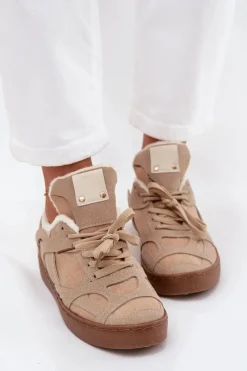 Online Sneakersy Damskie Na Platformie Ocieplane Futerkiem Beżowe Solvia Damskie Sneakersy Damskie