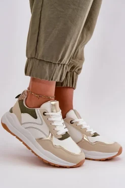 Discount Sneakersy Damskie Na Platformie Z Eko Skóry Beżowo-Zielone Issatta Damskie Buty Sportowe Na Platformie|Sneakersy Damskie