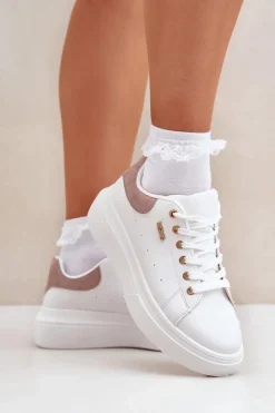 Buty Sportowe Na Platformie|Sneakersy Damskie></noscript>Boto Sneakersy Damskie Na Platformie Eko Skóra Białe Lelandine