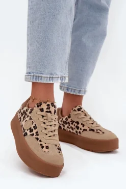 Sneakersy Damskie Na Platformie Panterka Big Star SS274763 Beżowe Damskie Buty Sportowe Big Star|Sneakersy Damskie
