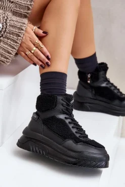 Hot Sneakersy Damskie Na Platformie Z Futerkiem Typu Baranek LCJ-24-47-3145 Czarne Damskie Buty Sportowe Na Platformie|Sneakersy Damskie